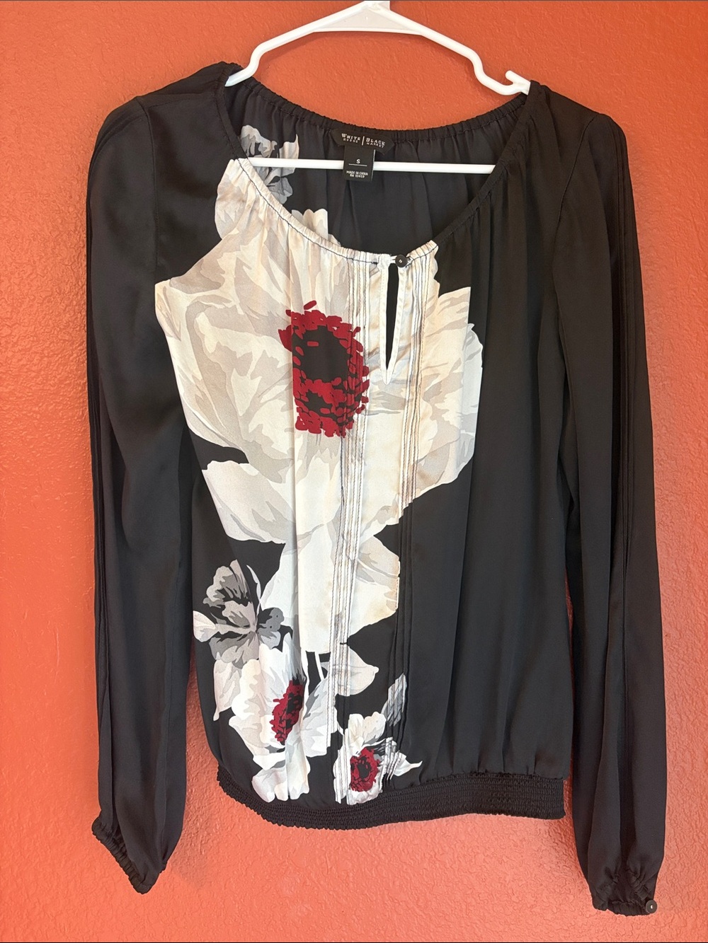 White House Black Market Black Blouse with White and Red Floral Panel